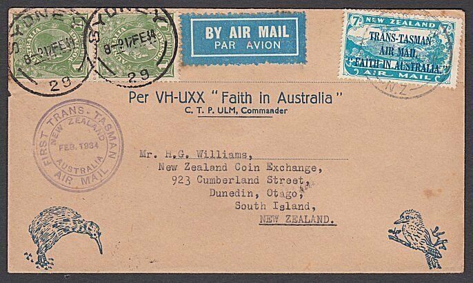 NEW ZEALAND AUSTRALIA 1934 Trans Tasman double flight cover Capt Ulm .......N541