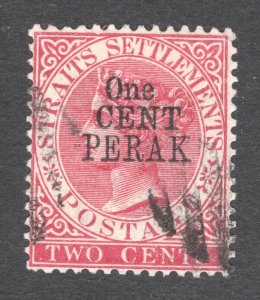 Malaya - Perak, Scott #26   F/VF, Used, 1c on 2c rose, CV $27.50 ......  4990012