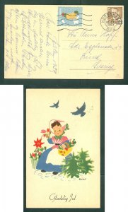 Denmark. Christmas Card 1954. Seal + 20 Ore. Copenh. Girl,Flowers,Birds. Ellis