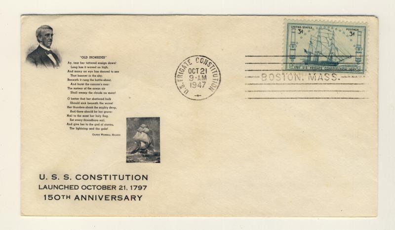 US - 1947 - Scott 951 FDC 3c Frigate Constitution (Unsigned Cachet)