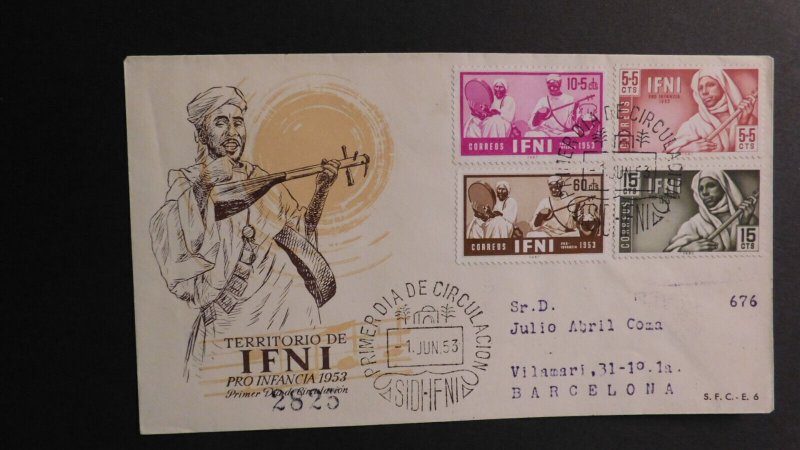 1953 Spain FDC First Day Cover IFNI Pro Infancia Sidi to Barcelona