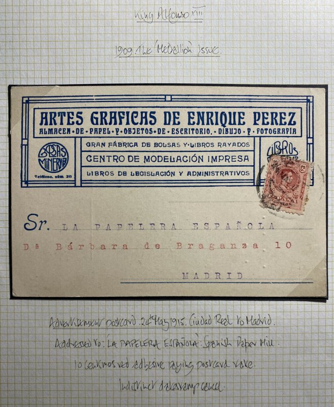 1915 Madrid Spain Advertising Postcard Graphics Arts Cover Locally Used