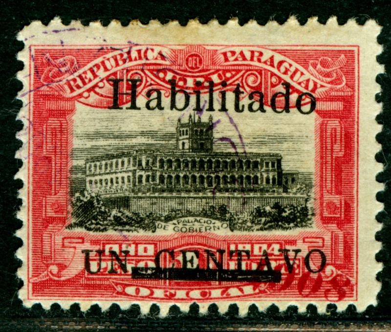 PARAGUAY  1908 Governmental Palace -HABILITADO- Sc#171 1908misplaced at bottom