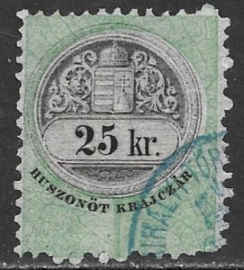 HUNGARY 1868 25kr LEAF DESIGN General Duty Revenue Pelure Paper BFT.12 Used