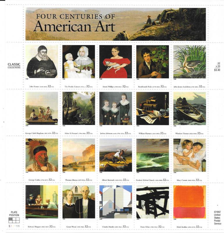 US# 3236   $.32  American Art  Pane of 20 (MNH) CV  $18.00