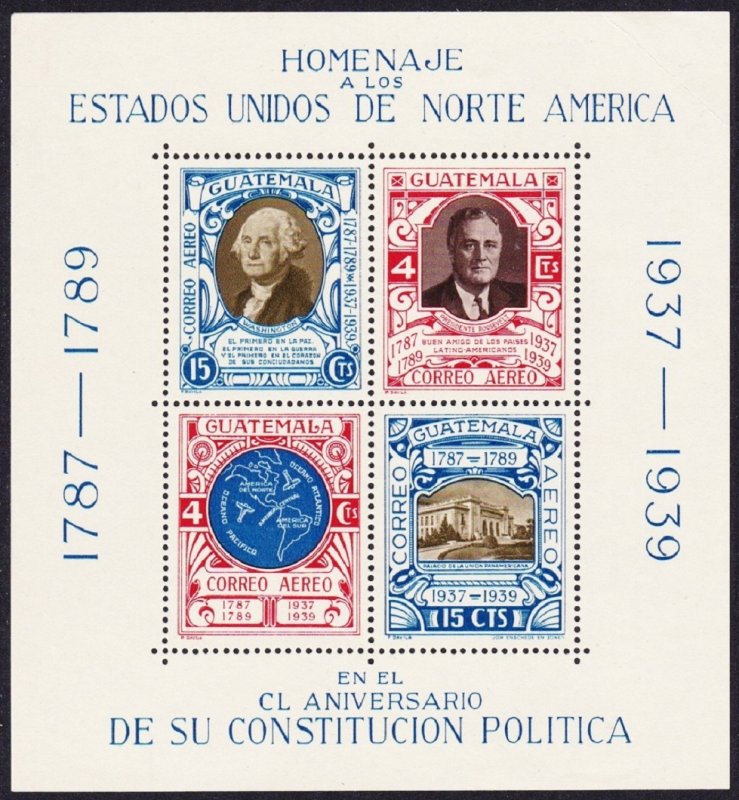 Guatemala 150th Anniversary of US Constitution MS ** 1938 MNH SC#C92 SG#MS367b