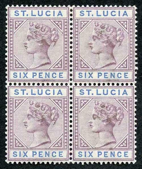 ST LUCIA SG49 1891-98 6d dull mauve and blue die II block of 4 (Bottom Pair U/M)