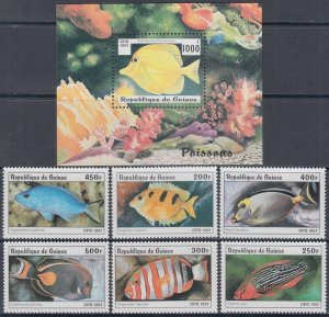 GUINEA Sc# 1403-9  CPL MNH SET of 6 & SOUVENIR SHEET of TROPICAL FISH