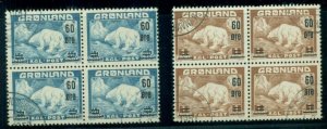 GREENLAND #39-40 (37-8) Polar Bear ovpt set, used, Blocks of 4, VF, Scott $42.40