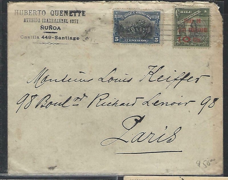 CHILE  (P3108B) 1911   CENT 5C+JUAN FERNANDEZ 10C ON COVER SANTIAGO TO FRANCE