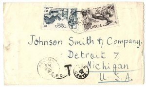 Togo 1950 Neat cover to USA franked 3f, 5f pictorials, USA 4c charge mark, ope