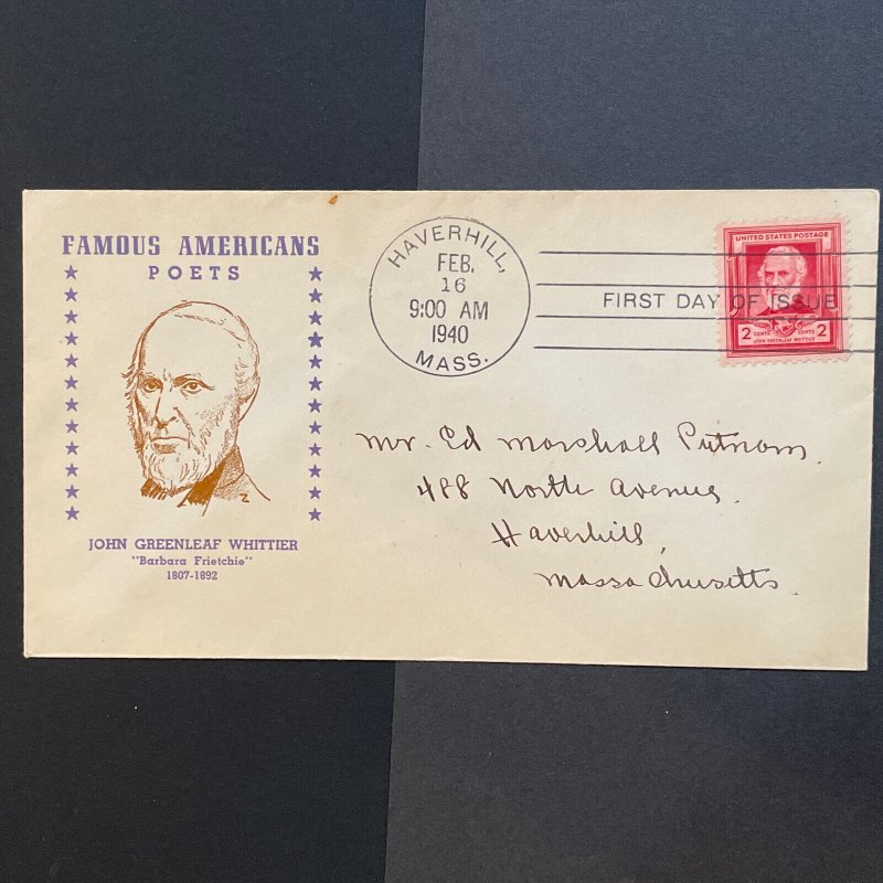 1940 John Greenleaf Whittier Sc# 865 2-cent Famous Americans 5 Different FDCs 