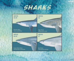 Nevis 2018 - Sharks, Ocean Life - Sheet of 4 Stamps - Scott 1958 - MNH