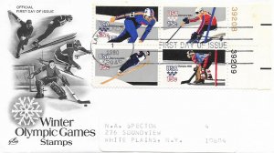 1980 FDC, #1798b, 15c Winter Olympics, Art Craft, plate block of 4
