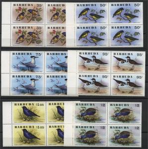 BARBUDA, FULL SET BIRDS FROM 1976, VF MNH BLOCKS OF 4	