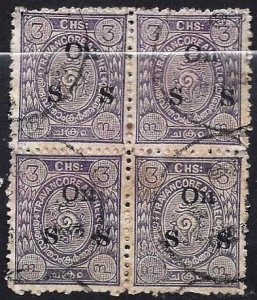 INDIA - TRAVANCORE ANCHEL - OVER PRINT ON S S USED BLOCK OF 4 - INDIA079DTA16