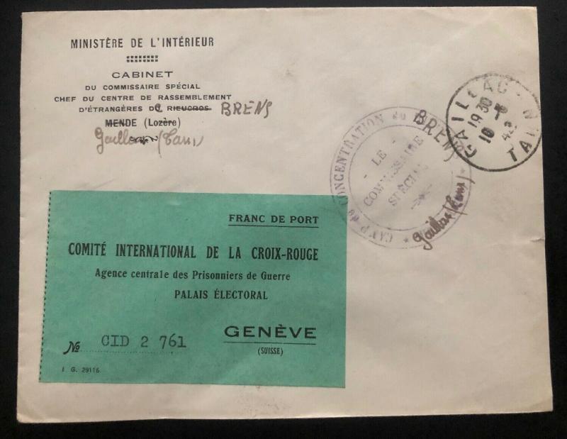 1942 France Concentration Internment Camp Brens Guard Chief Cover To Redcross