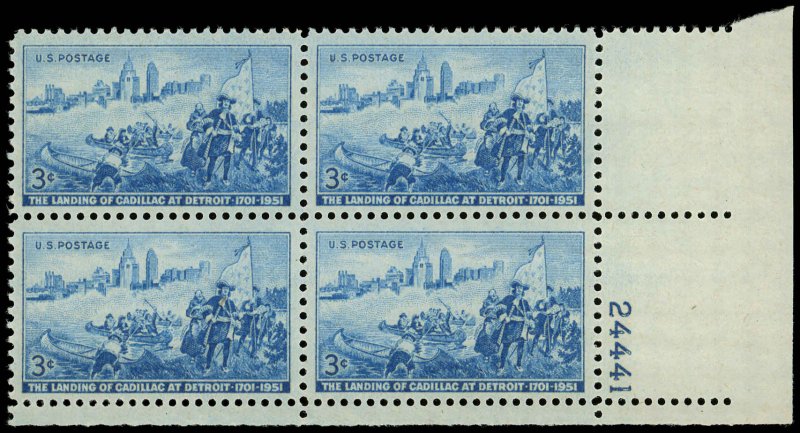 US Sc 1000 VF/MNH PLATE BLOCK- 1951 3¢ Landing of Cadillac at Detroit