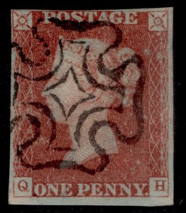 GB QV SG8, 1d red-brown BLACK MX PLATE 32, USED. Cat £120. SCOTTISH MX QH