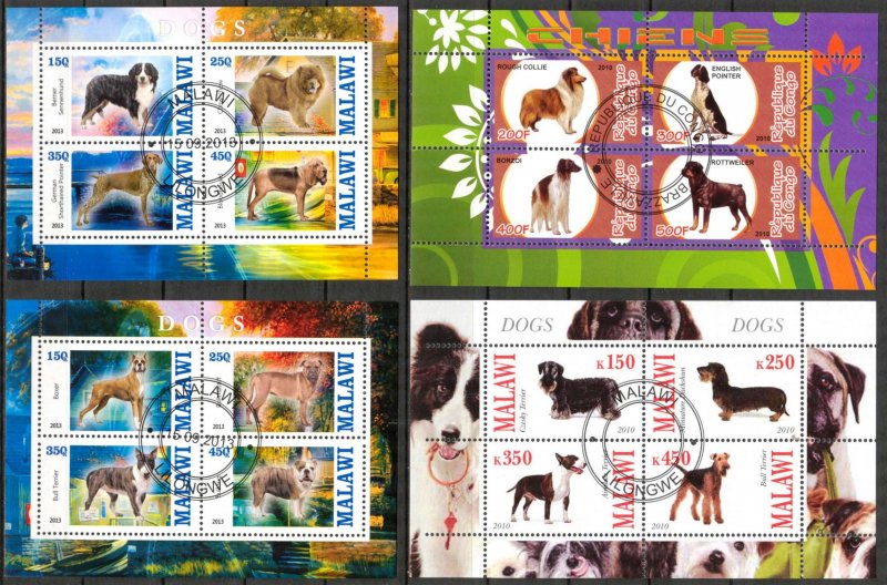 {g102} Congo Malawi 2010 2013 Dogs 4 sheets Used / CTO Cinderella