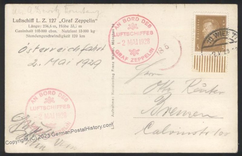 Germany 1929 Graf Zeppelin RPPC Austria Vienna  Mi21 Error Bordpost Cover 111990