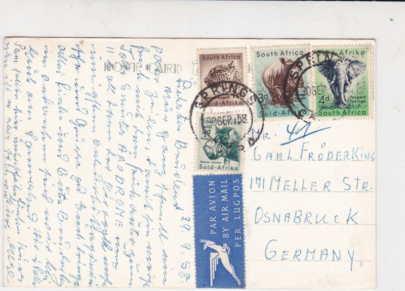 South Africa 1958 Airmail Air View J/burg Pic Multi Animal Stamps Card Ref 29315