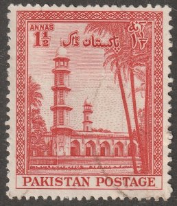 Pakistan, middle east,  stamp,Scott#69,  used, hinged,  1 1/2, orange/vermil