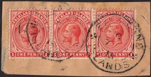 Falkland Islands 1912 KGV 1d Orange-Red Strip of 3 on Piece