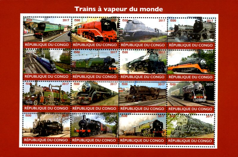 Congo 2017 Trains, Railways Locomotive Transports 16v Mint Full Sheet. (L-24)