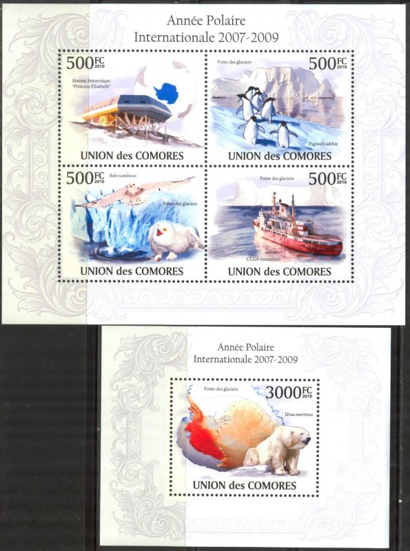 Comoro Islands 2010 Polar Year Bears Ships Birds Penguins Sheet + S/S MNH