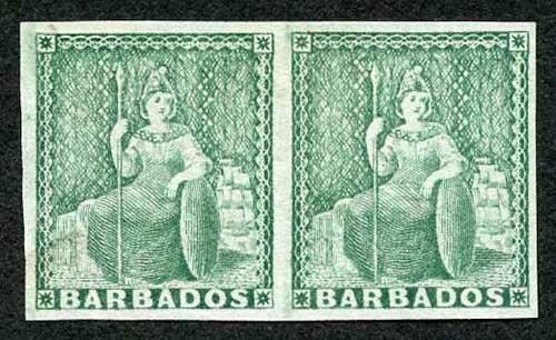 Barbados SG21b (1/2d) blue-green no wmk worn plate Imperf Horizontal PAIR