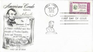 1960 FDC, #1142, 4c American Credo - Lincoln, Fleetwood, single & block of 4