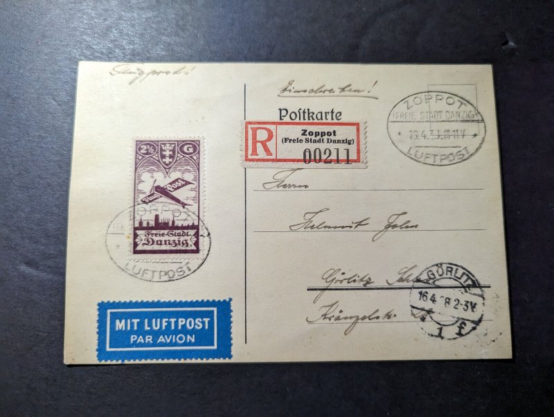 1938 Registered Germany Danzig Airmail Postcard Cover Zoppot to Gorlitz