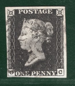 GB PENNY BLACK QV 1840 Stamp SG.2 1d Plate 1b (OC) AS5 Used MX Cat £400 YOR31