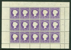 SG 35 Gambia 1886-93. 1/- violet. Fine unmounted mint sheet of 15 with full...