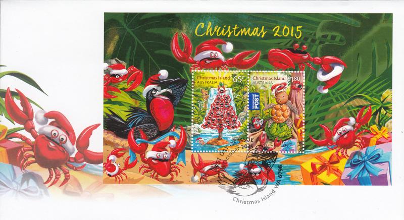 Christmas Island 2015 FDC Souvenir sheet of 2 Crabs, turtle as Christmas tree