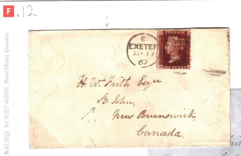 GB Cover Devon Exeter Canada NEW BRUNSWICK * PO SAINT STEPH_ N* CDS 1869 SF12