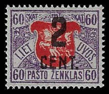 Lithuania #130 Unused OG H; 2c on 60sk surcharge (1922)