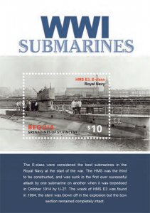 BEQUIA 2015 - WORLD WAR I SUBMARINES - STAMP SOUVENIR SHEET MNH