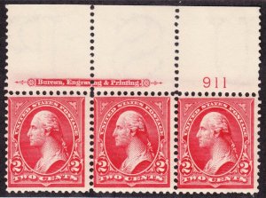 US 279B 2c Washington Mint Plate #911 Strip of 3 F-VF OG NH SCV $85