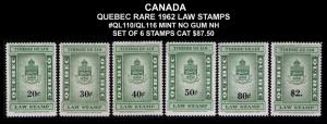 CANADA, QUEBEC REVENUE 1962 #QL110/116 VF SET 6 LAW STAMPS CV $87.00 MINT NO GUM