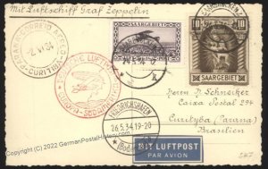 Germany 1934 Saar Graf Zeppelin 1st SAF Mi362 Cover 10Fr Madonna Curityba 107007