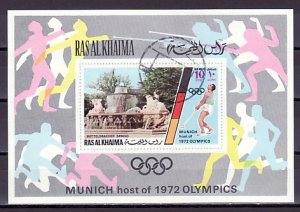 Ras al Khaima, Mi cat. 730, BL129. Munich Olympics s/sheet. Canceled. ^