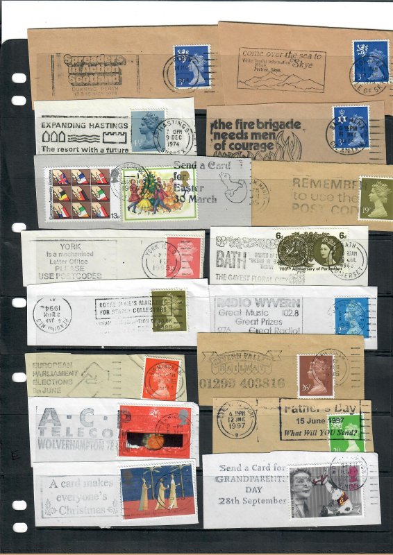 G.B SELECTION OF STAMPS WITH SLOGAN POSTMARKS CUT FRON COVERS x 16 LOT h 280121