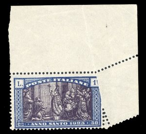 Italy #B24var, 1924 Holy Year, 1L+2.50L sheet corner margin single, fold-over...
