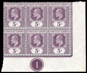 Malaya Straits 1904 KEVII 5c dull purple PLATE 1 block of 6 superb MNH. SG 130a.