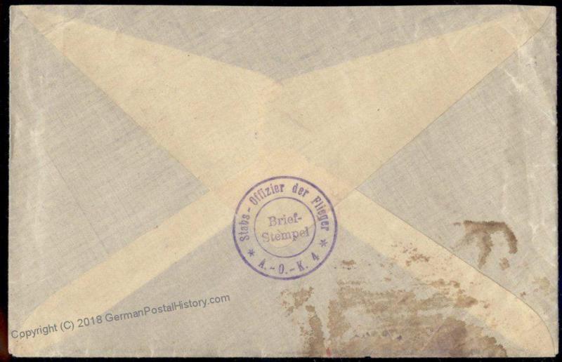 Germany WWI Air Force Stabs Offizier der Flieger AOK 4 Feldpost Cover 69784