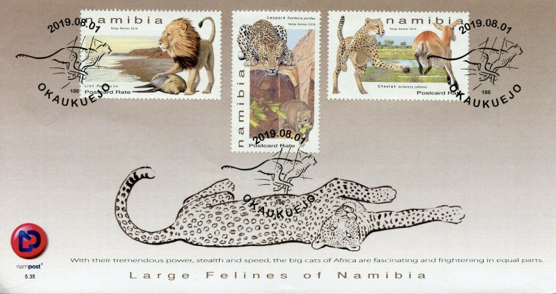 Namibia 2019 FDC Large Felines Lions Cheetahs Leopards 3v Cover Animals Stamps