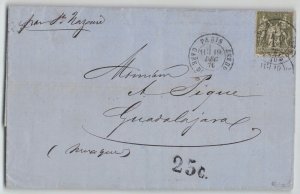 France 1876 1fr bronze Type Sage Cover Paris to Guadalajara Mexico Paquebot