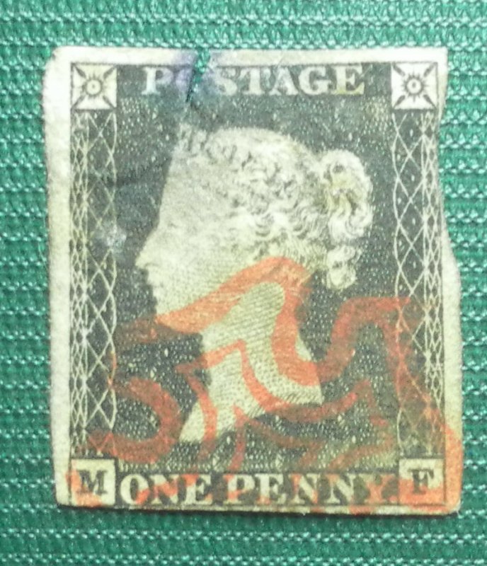 Penny Black, SG2, 1840, M and F letters.